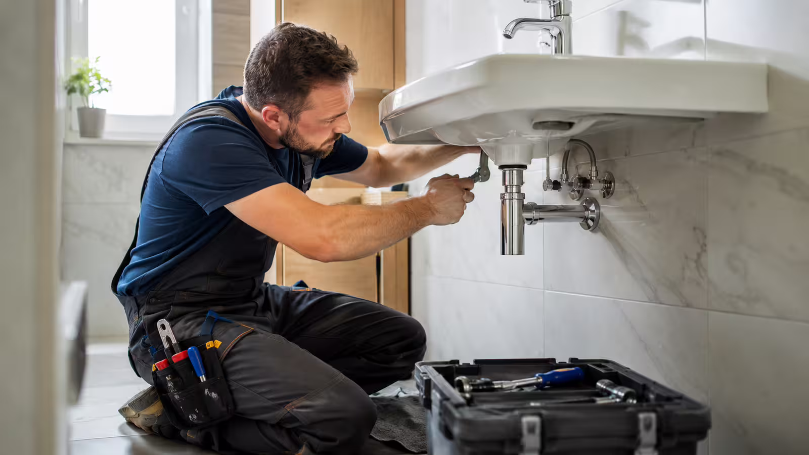 Instalatér při práci na rozvodech vody v koupelně