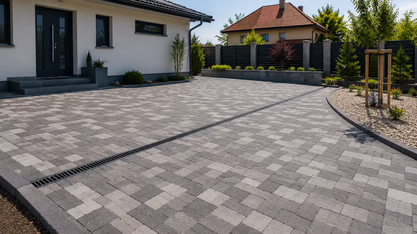 Vydlážděný dvůr ze zámkové dlažby u rodinného domu
