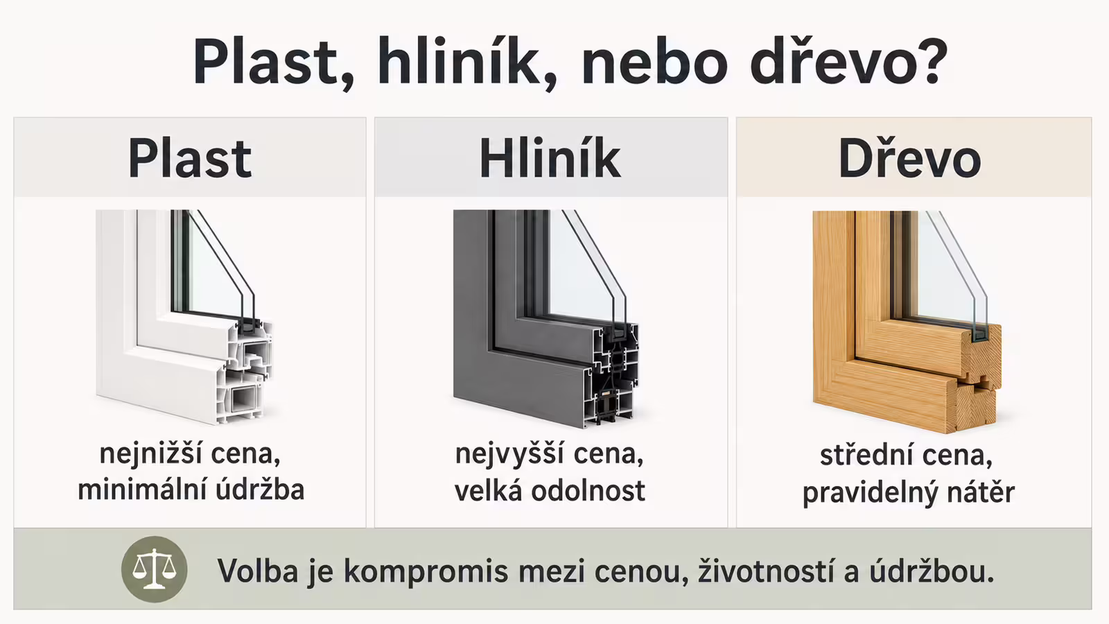 Plastová, hliníková a dřevěná okna – porovnání ceny a vlastností