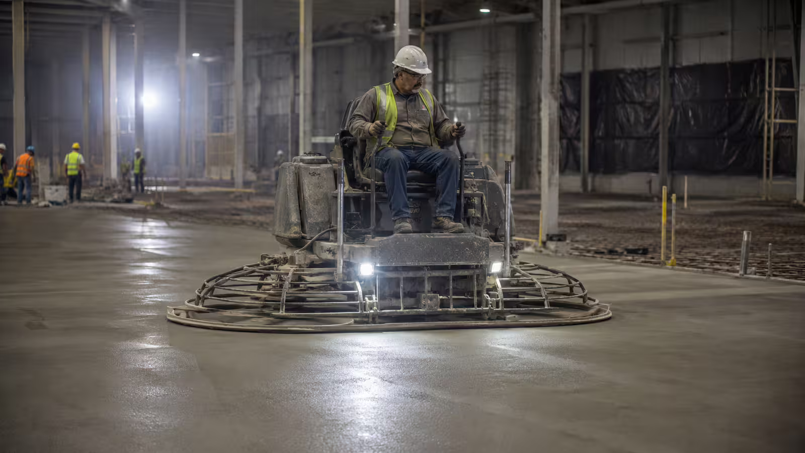 Strojní hlazení čerstvé betonové podlahy rotační hladičkou