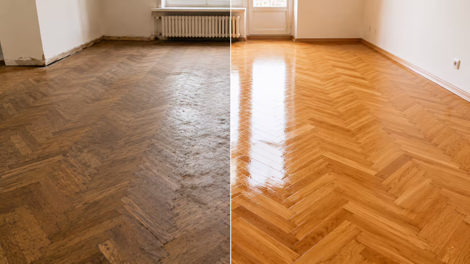 Parketová podlaha před renovací a po renovaci, srovnání před a po