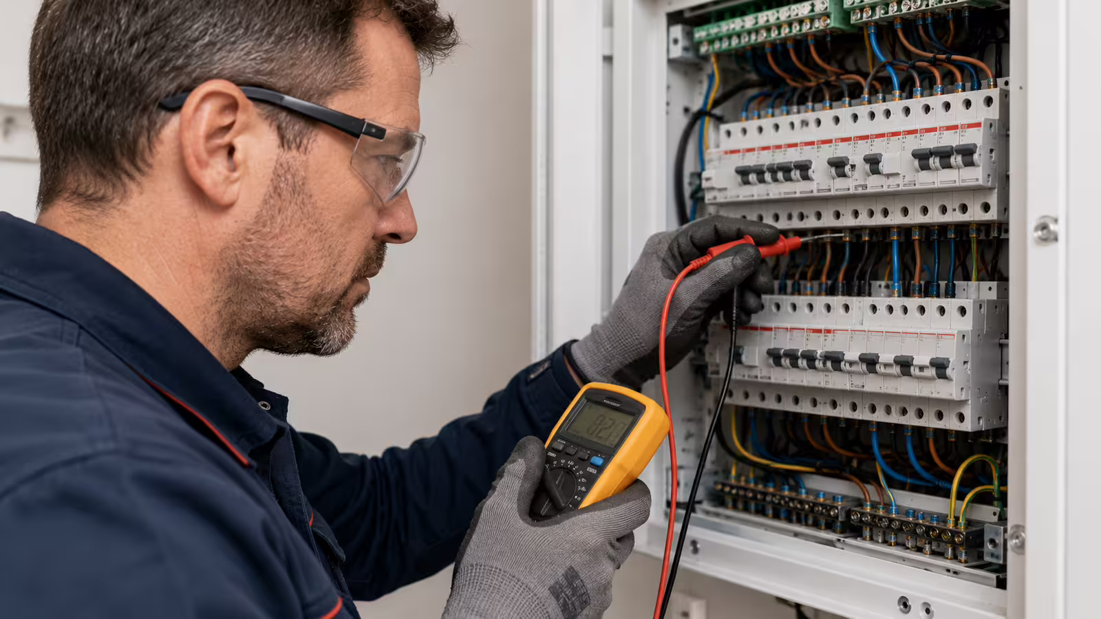 Revizní technik provádějící měření v rozvaděči elektroinstalace