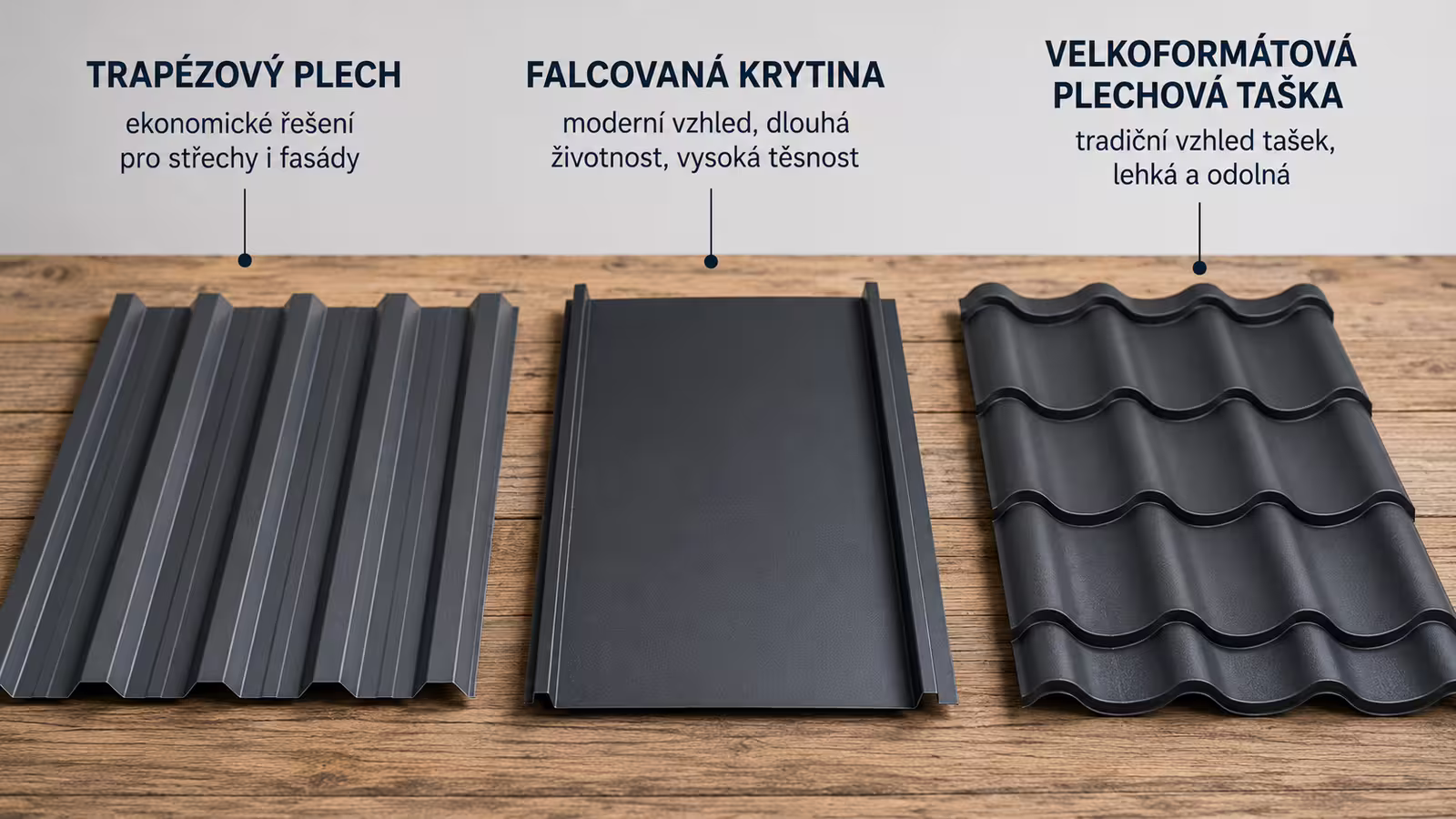 Typy plechové krytiny: trapézový plech, falcovaná krytina a velkoformátová plechová taška