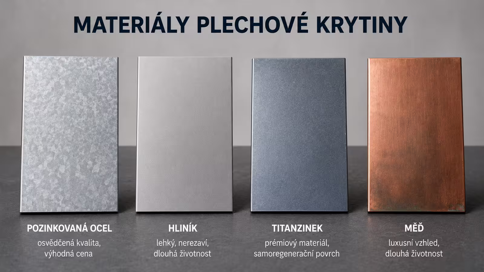 Vzorky materiálů plechové krytiny: pozinkovaná ocel, hliník, titanzinek a měď