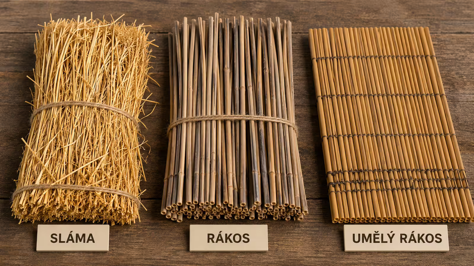 Srovnání slámy, rákosu a umělého rákosu