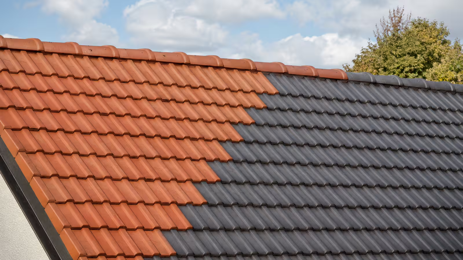Pálená a betonová střešní taška na šikmé střeše rodinného domu