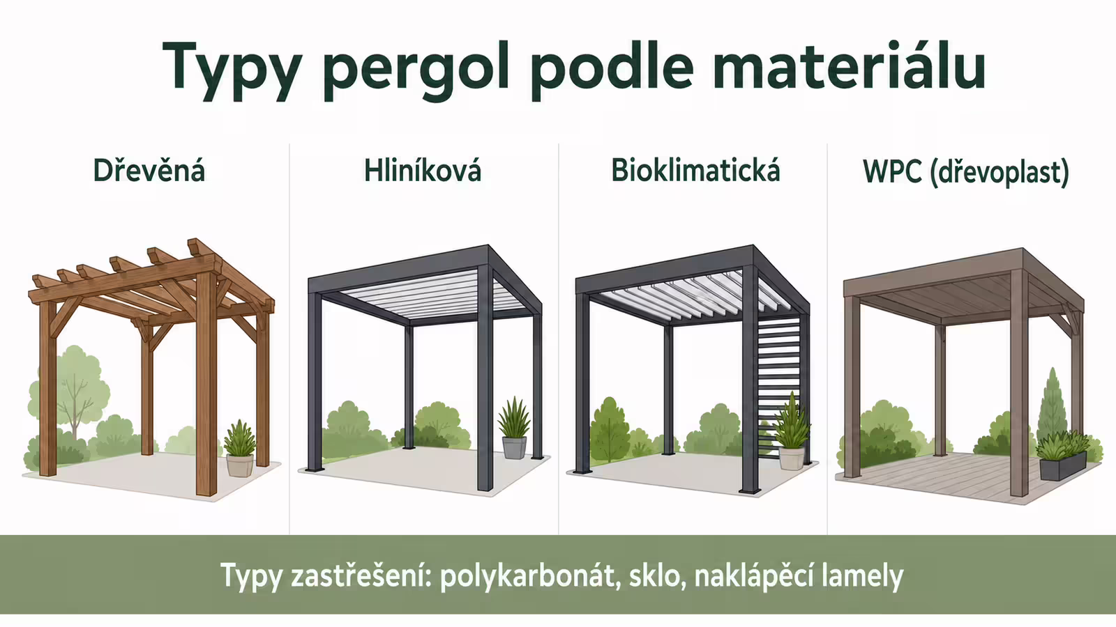 Infografika: typy pergol podle materiálu a střechy