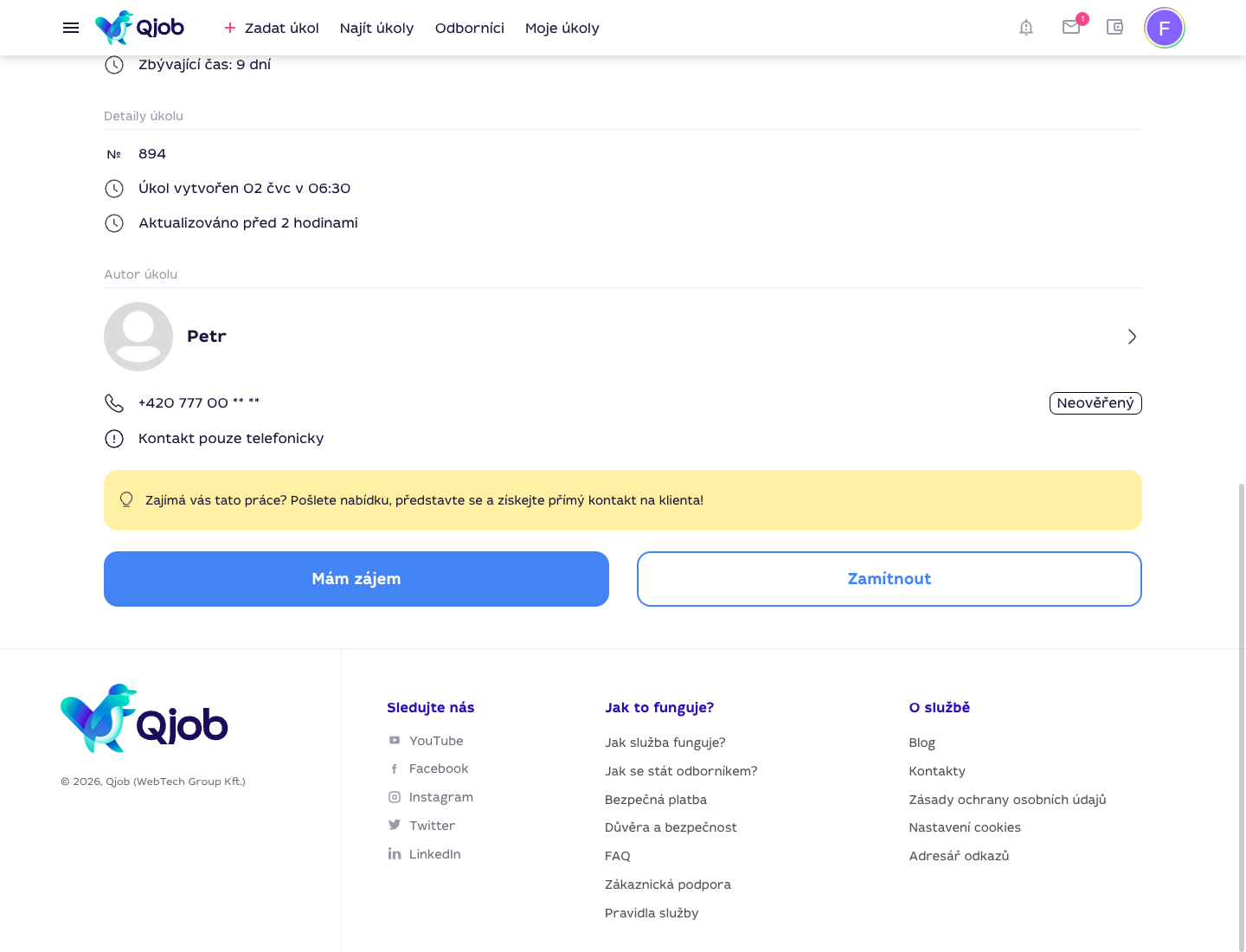 Detail úkolu na Qjob.cz s tlačítkem Mám zájem pro specialistu