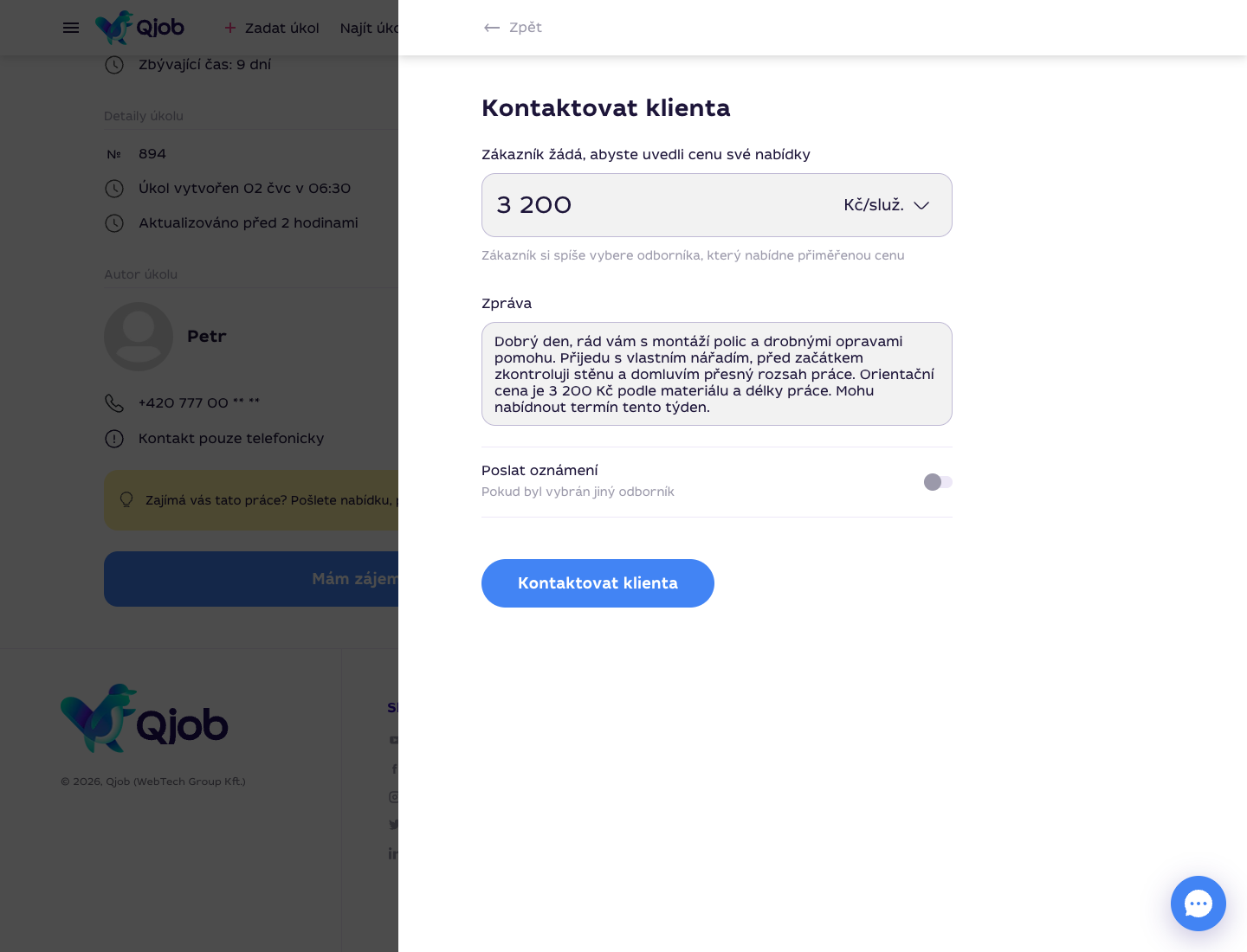 Formulář nabídky specialisty před odesláním zákazníkovi na Qjob.cz