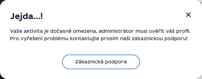 Detail upozornění o omezení účtu s tlačítkem Zákaznická podpora