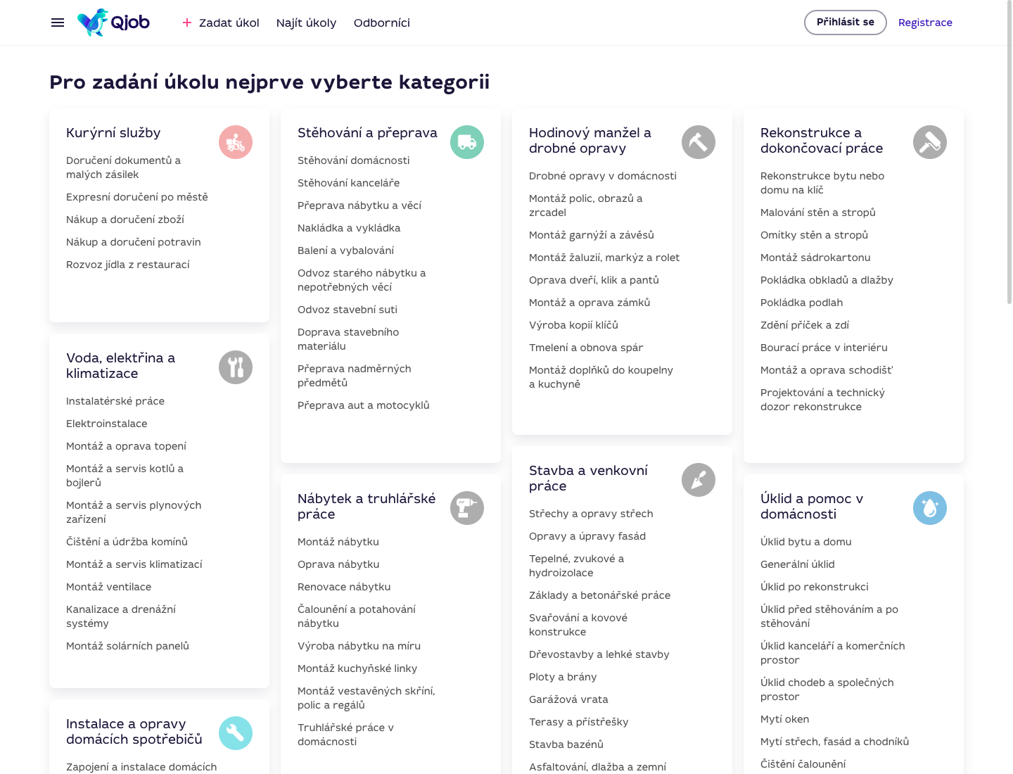 Přehled kategorií a podkategorií služeb při vytváření úkolu na Qjob.cz