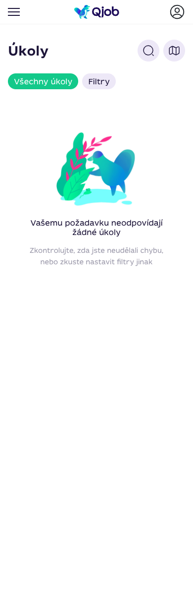 Mobilní stránka Úkoly na Qjob.cz s filtrem a seznamem zakázek