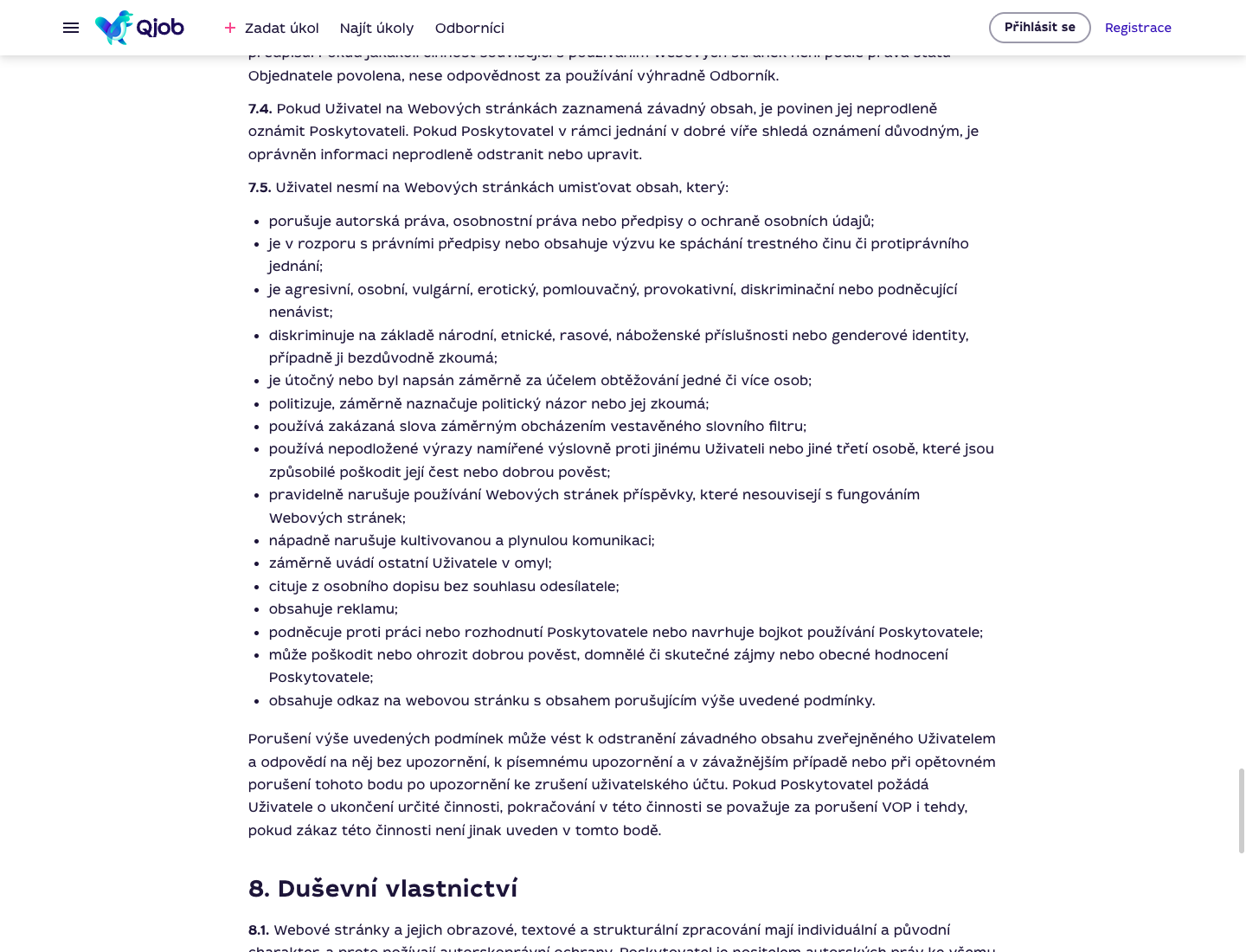 Část VOP Qjob.cz s pravidly pro závadný obsah a následky porušení