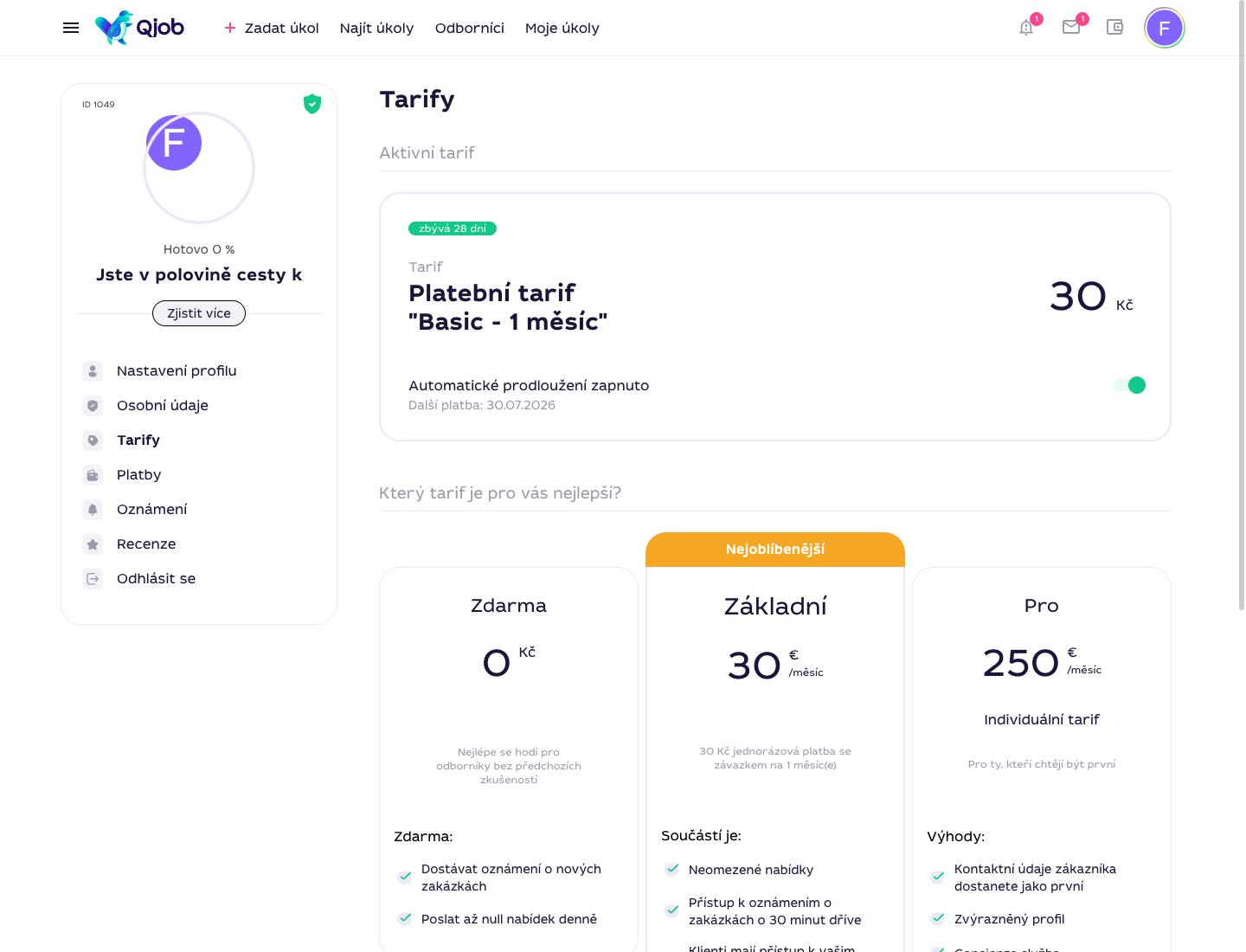 Stránka Tarify Qjob.cz s aktivním předplatným a kartami tarifů