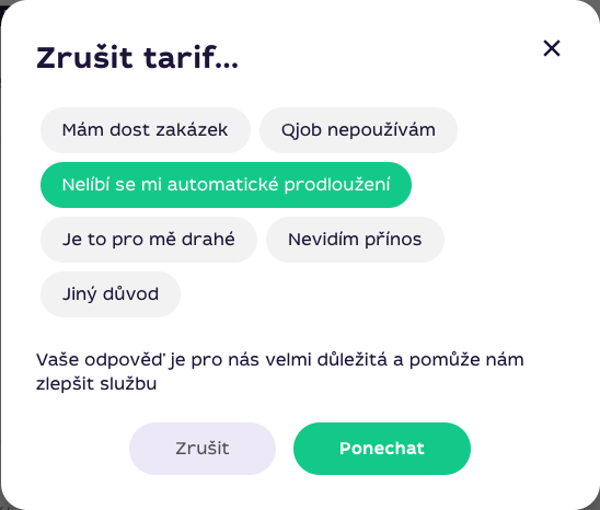 Vybraný důvod Nelíbí se mi automatické prodloužení ve formuláři zrušení tarifu Qjob.cz