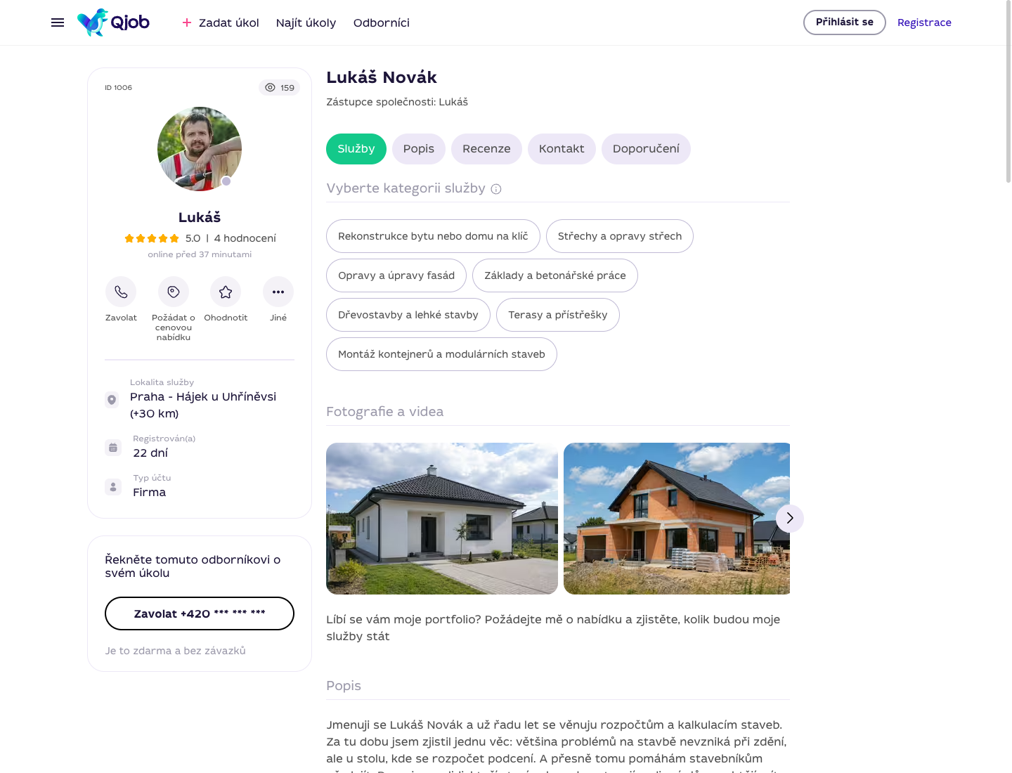 Profil specialisty na Qjob.cz se službami, ratingem, portfoliem a kontaktními možnostmi