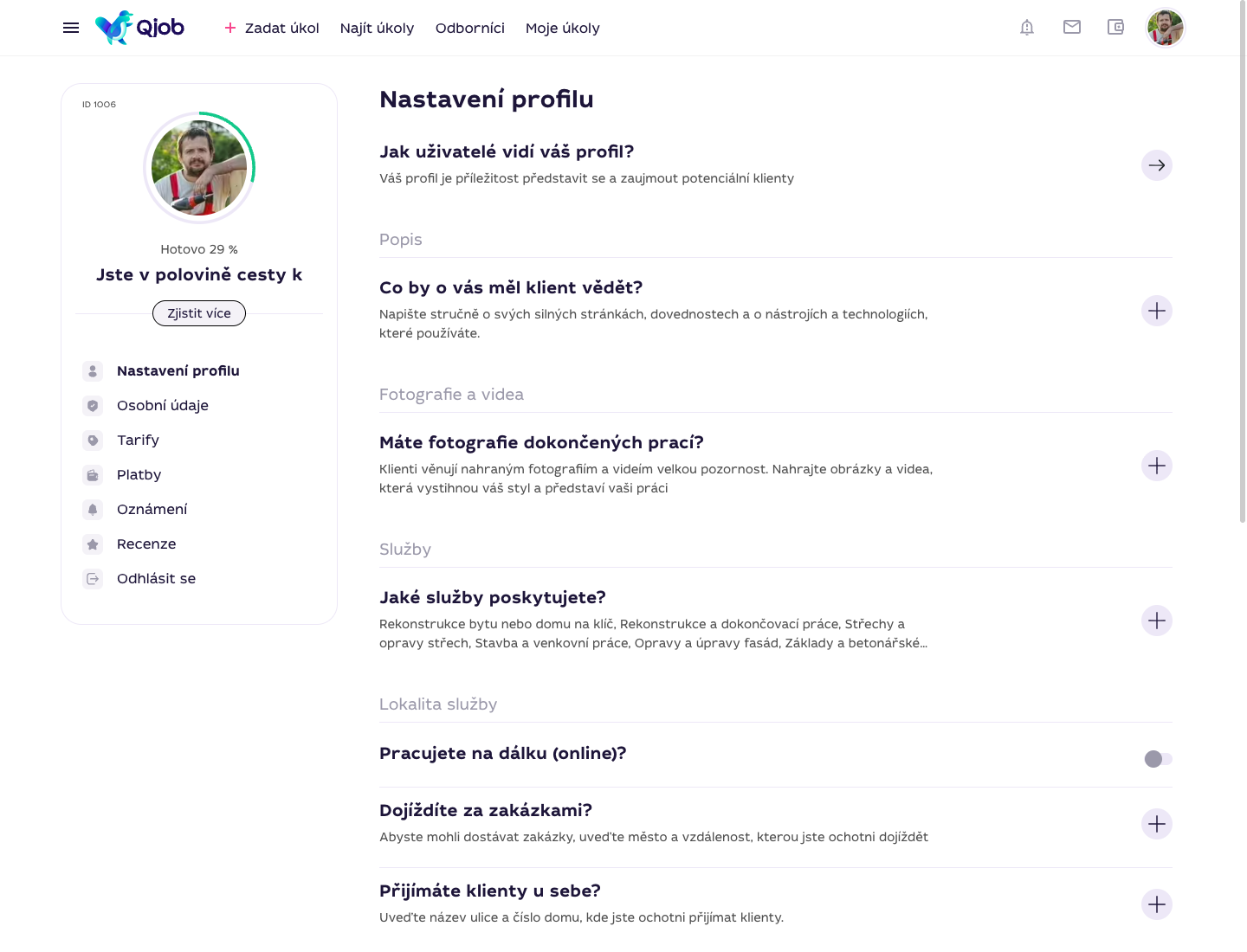 Nastavení služeb a lokality v profilu specialisty Qjob.cz