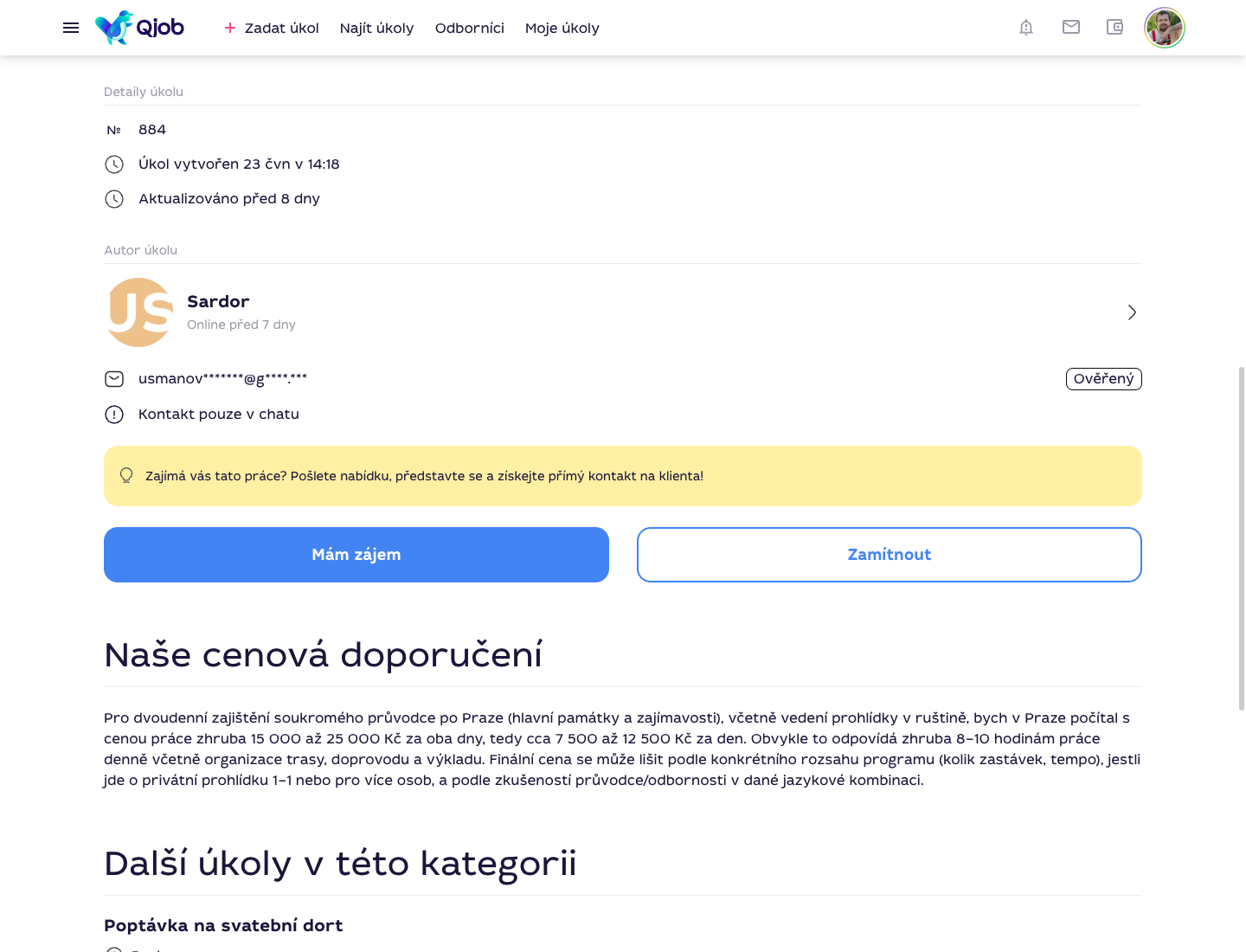 Detail úkolu Qjob.cz s informací o preferovaném kontaktním kanálu zákazníka