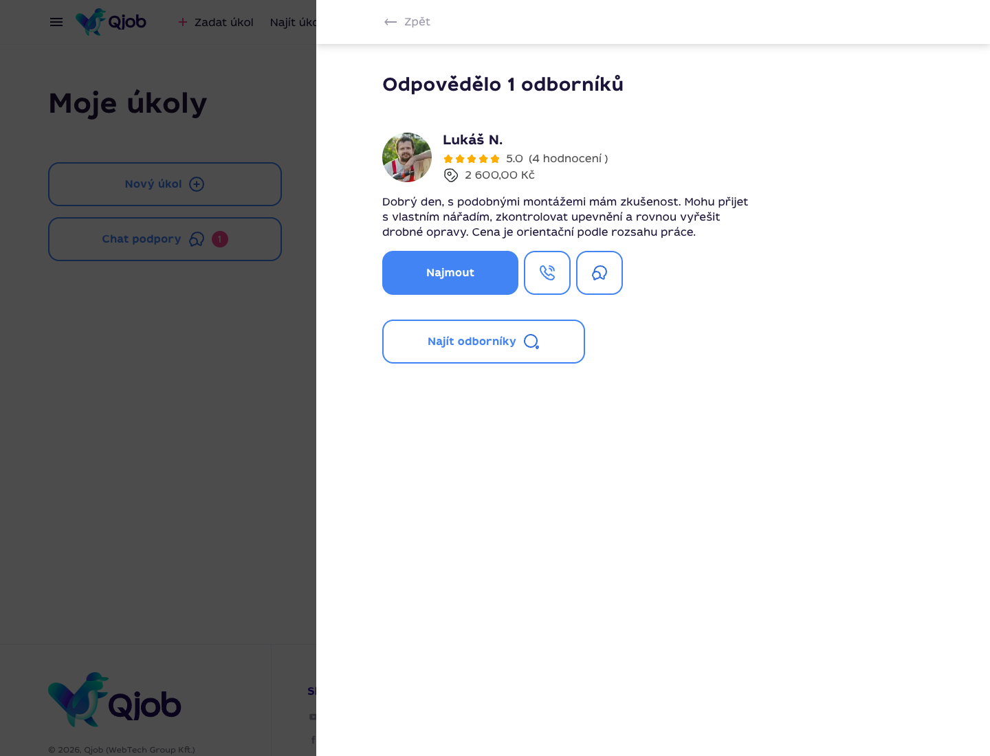 Přehled nabídek k úkolu s tlačítkem Najmout, telefonem a ikonou chatu