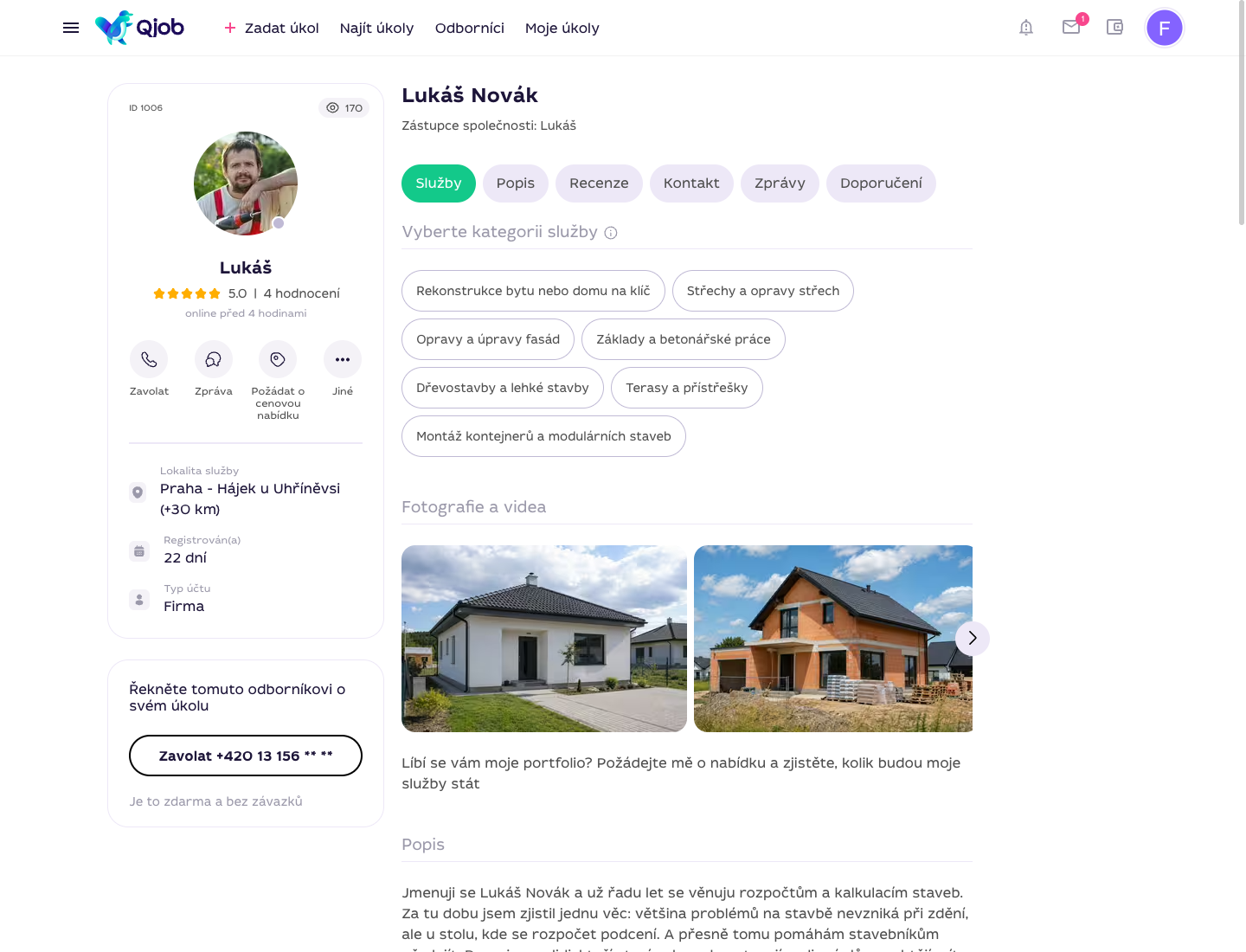 Profil specialisty na Qjob.cz s hodnocením, kontaktními možnostmi a ukázkami služeb