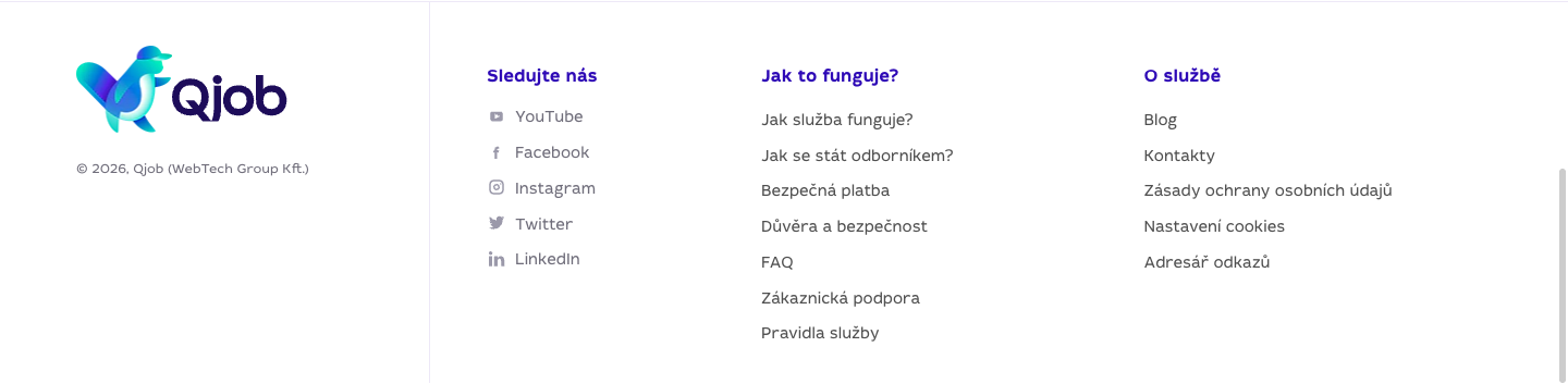 Patička Qjob.cz s odkazy Zákaznická podpora a Kontakty