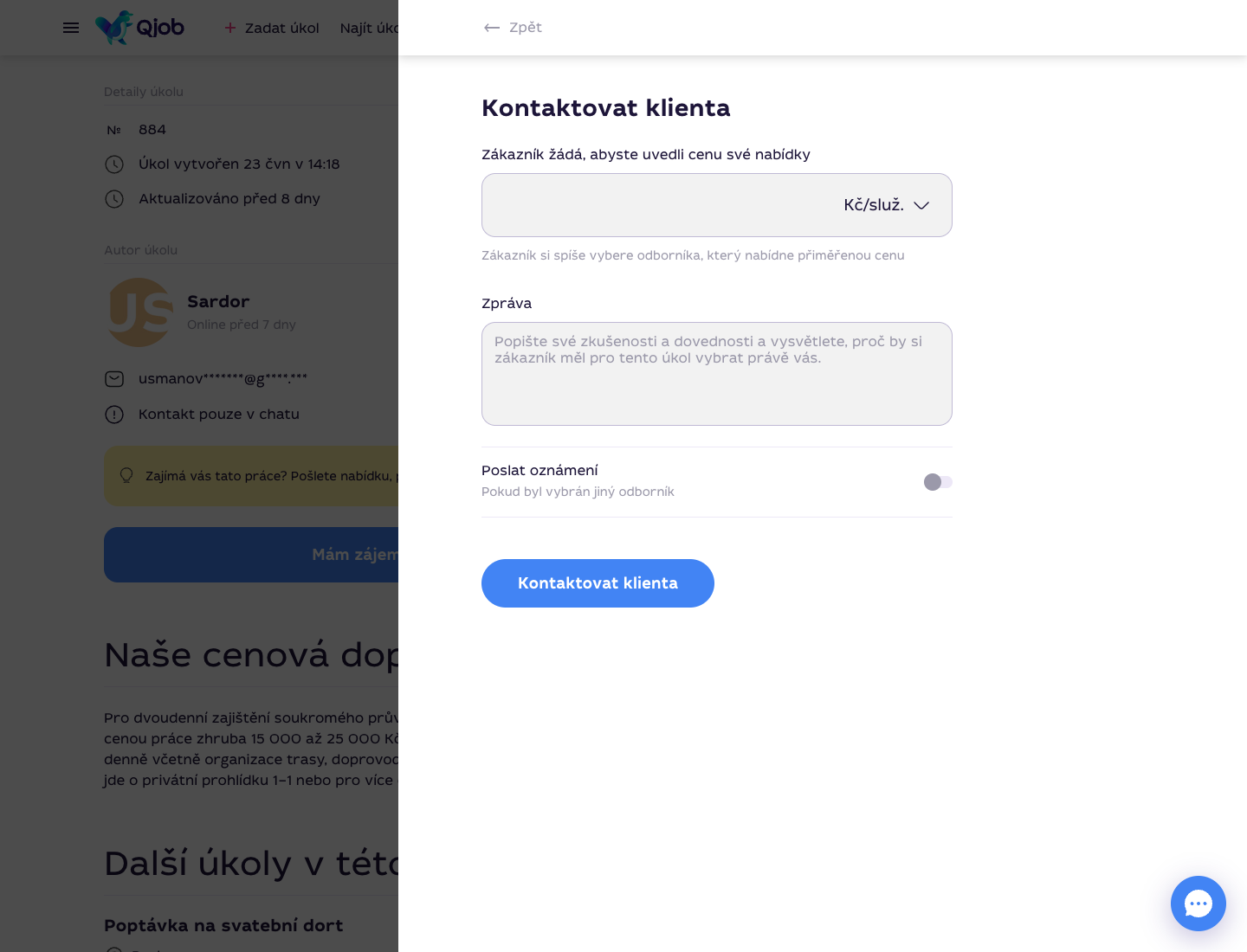 Formulář pro odeslání nabídky zákazníkovi na Qjob.cz