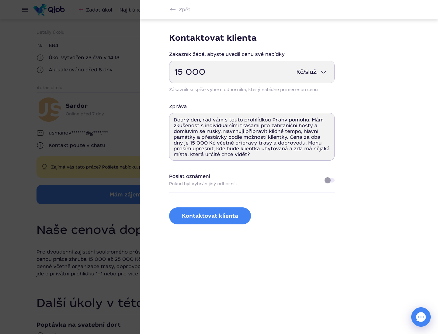 Vyplněná ukázka přesvědčivé nabídky včetně ceny a zprávy