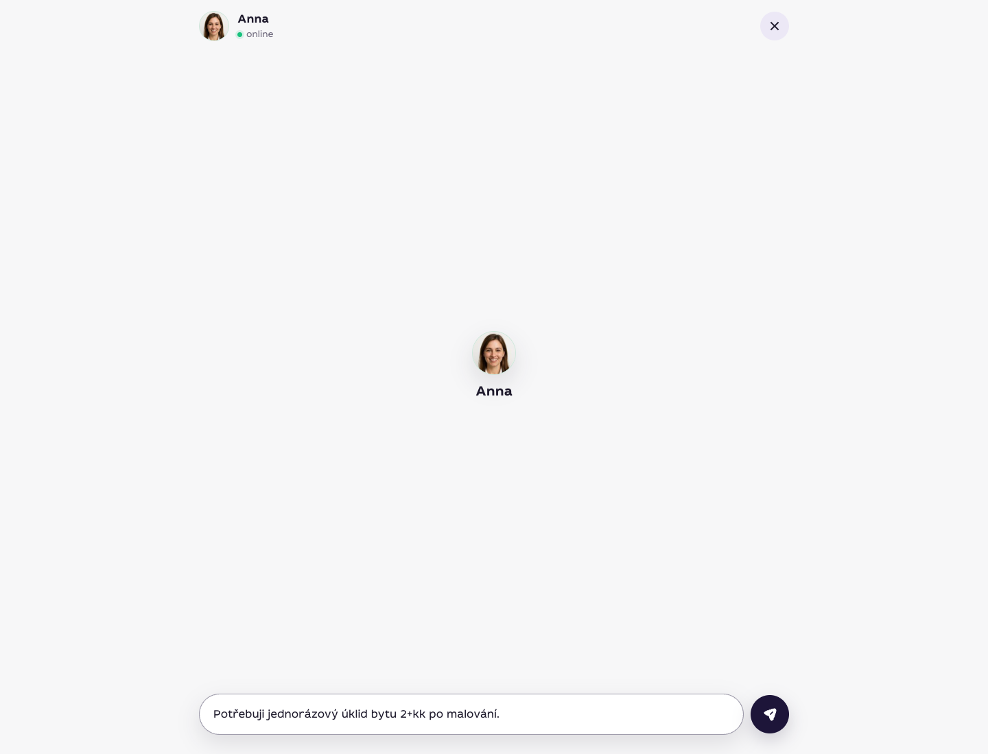První zpráva v chatu s Annou s textem Potřebuji jednorázový úklid bytu po malování