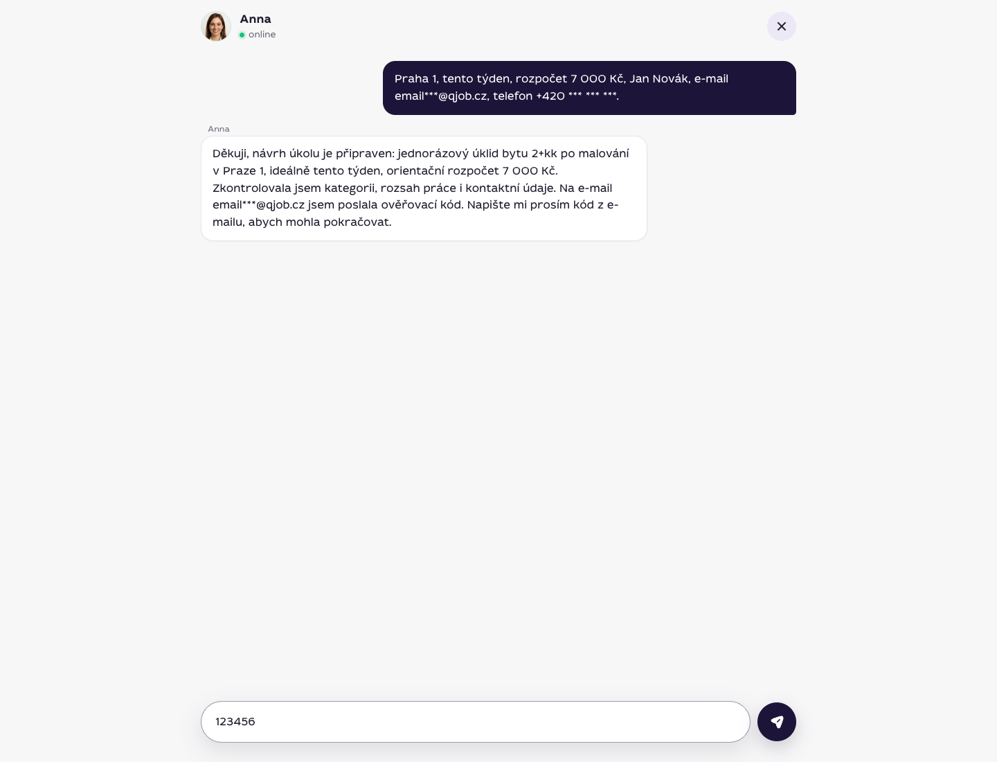 Zadání e-mailového ověřovacího kódu do chatu s Annou
