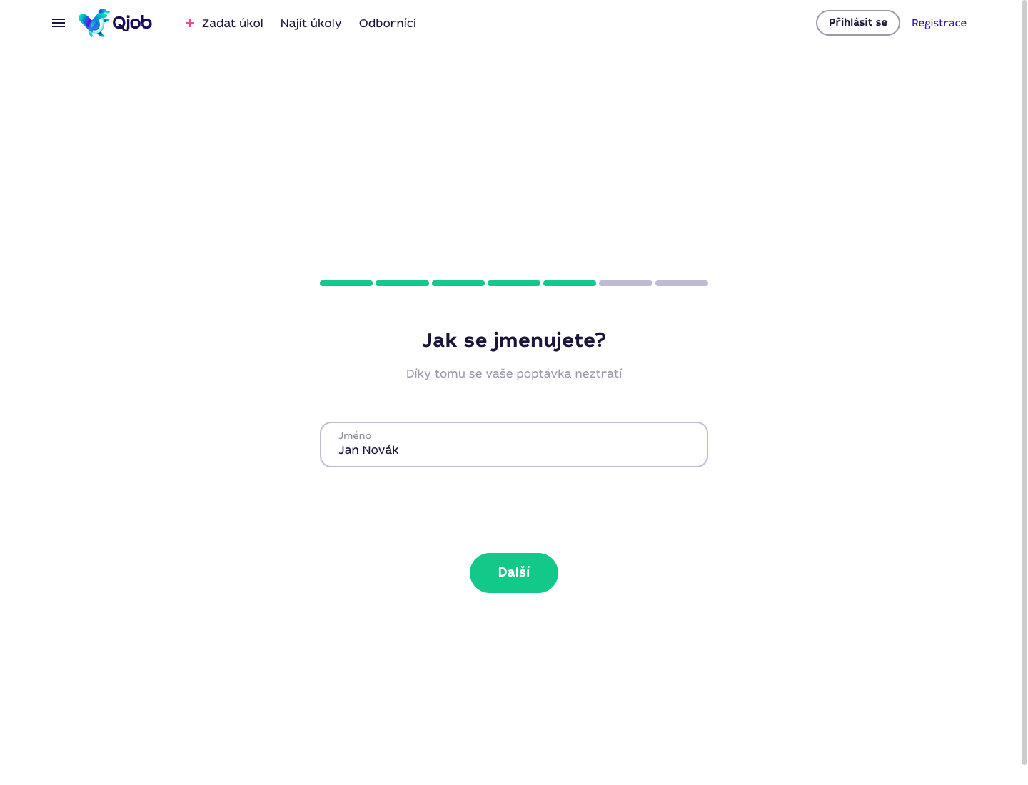Krok formuláře Jak se jmenujete s vyplněným jménem Jan Novák