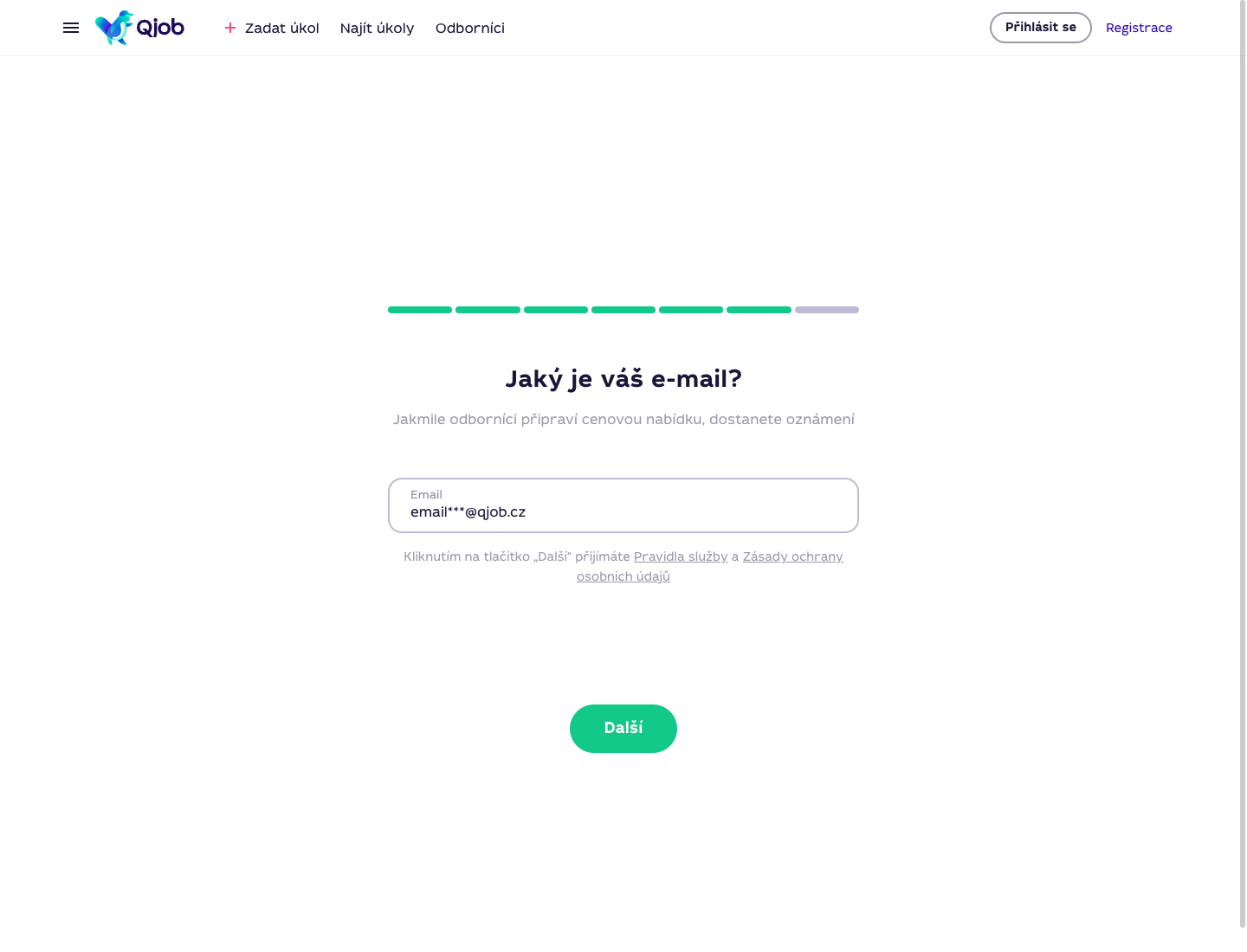 Krok formuláře Jaký je váš e-mail s vyplněným a částečně zamaskovaným e-mailem