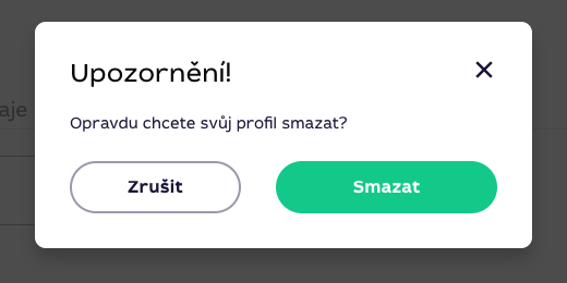 Detail potvrzovacího okna pro smazání profilu s tlačítky Zrušit a Smazat
