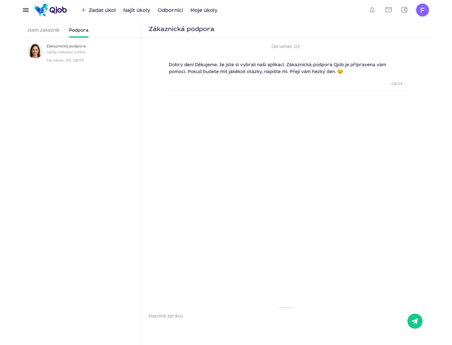 Otevřený chat podpory Qjob.cz pro žádost o opravu nebo smazání osobních údajů