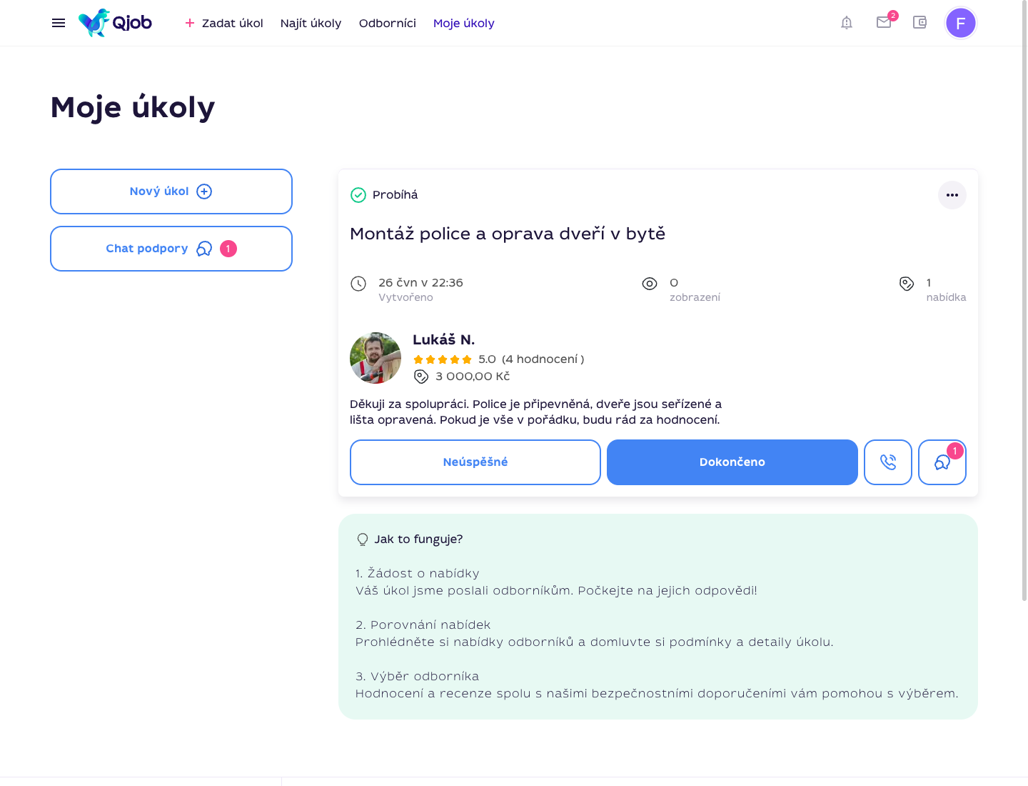 Úkol Qjob.cz se zobrazeným vybraným specialistou a historií spolupráce