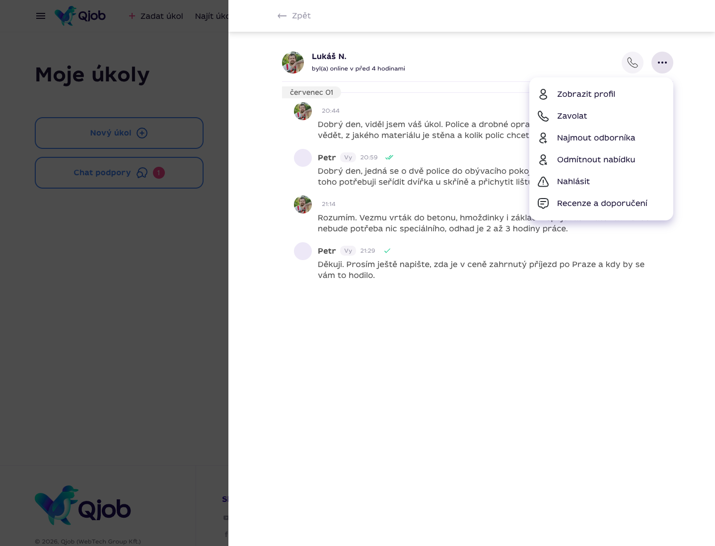 Menu v chatu Qjob.cz s možností Nahlásit podezřelé jednání