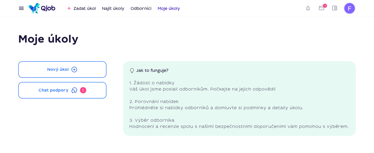Osobní část účtu Qjob.cz po přihlášení, stránka Moje úkoly a avatar profilu