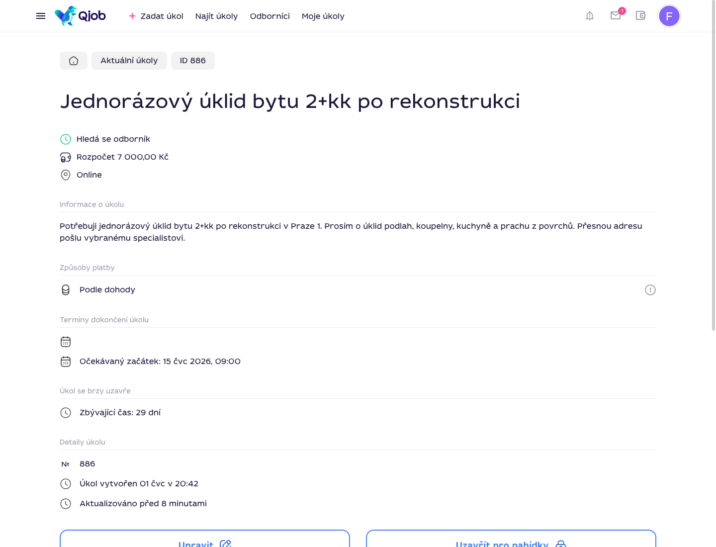 Detail publikovaného úkolu po úpravě na Qjob.cz