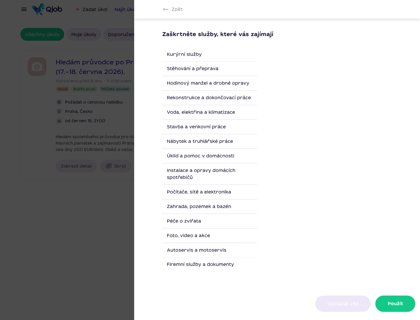 Výběr kategorií při hledání úkolů na Qjob.cz