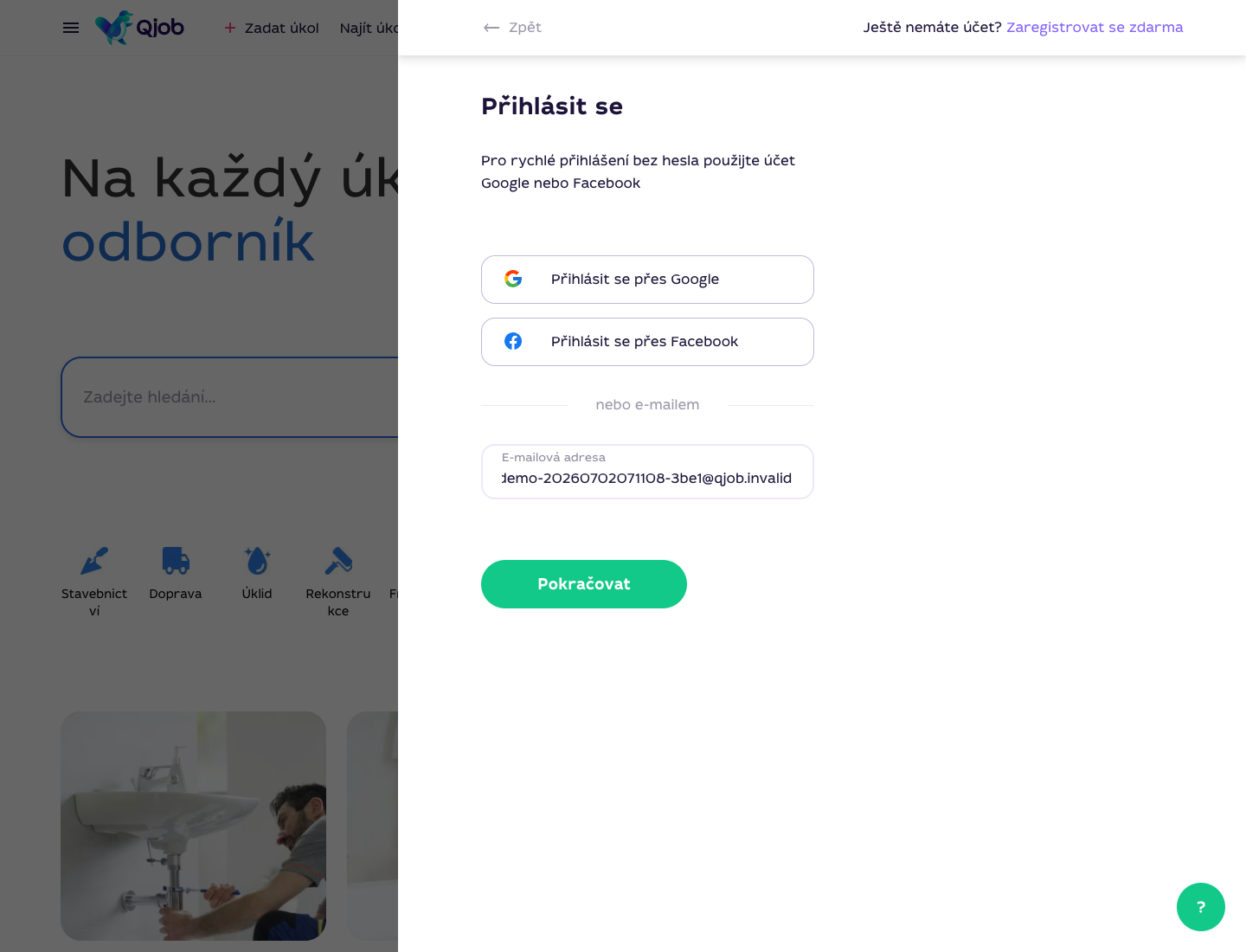 Vyplněný e-mail na prvním kroku přihlášení Qjob.cz