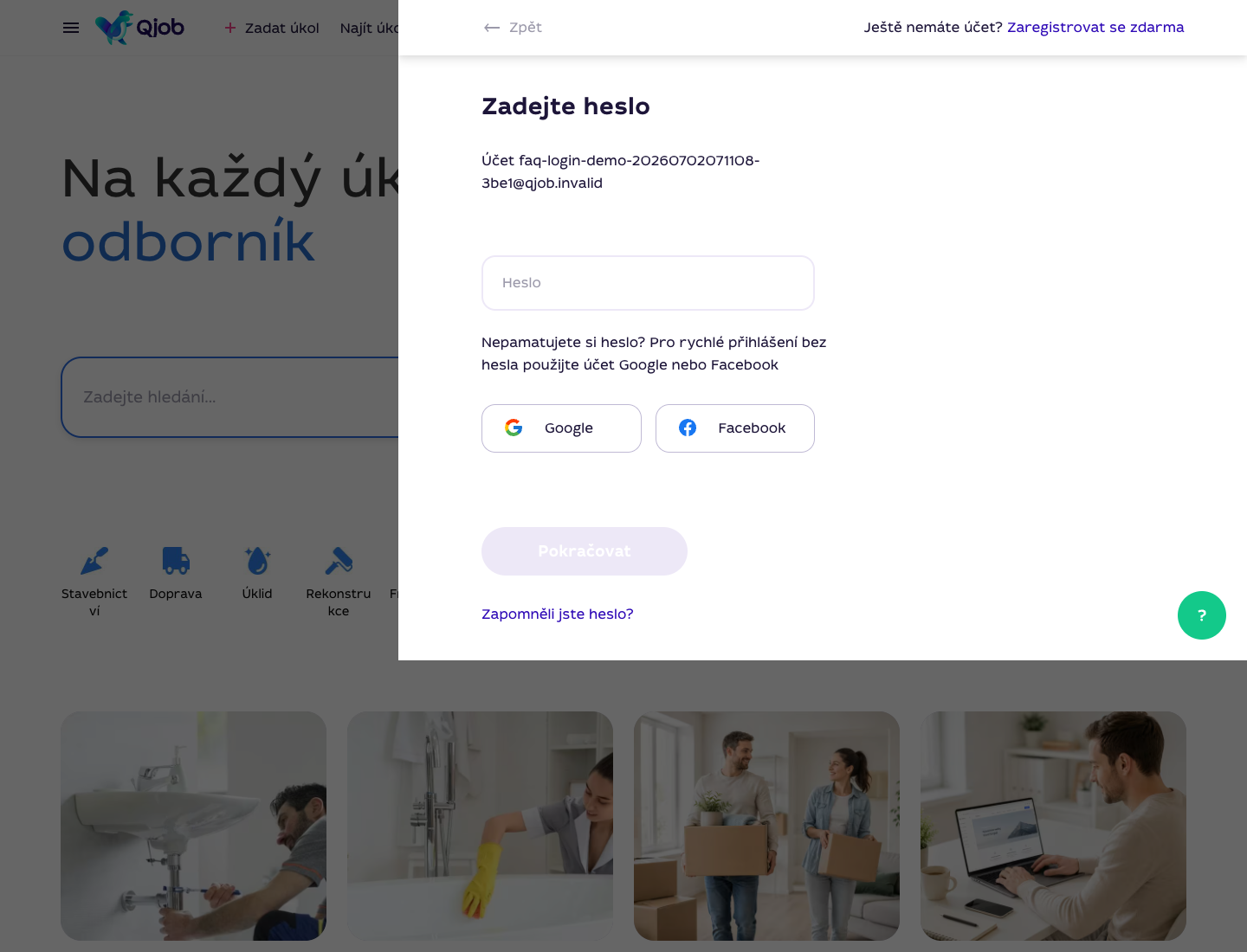 Druhý krok přihlášení Qjob.cz s polem Heslo a odkazem Zapomněli jste heslo