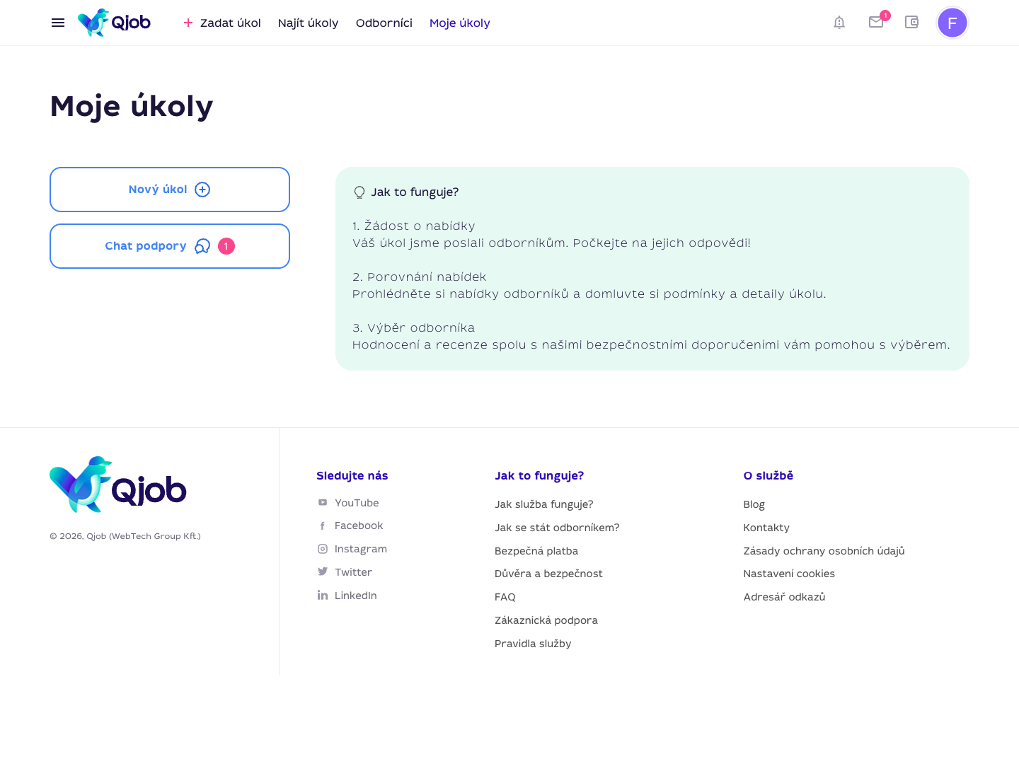 Přihlášený účet Qjob.cz se stránkou Moje úkoly a ikonami v horní navigaci