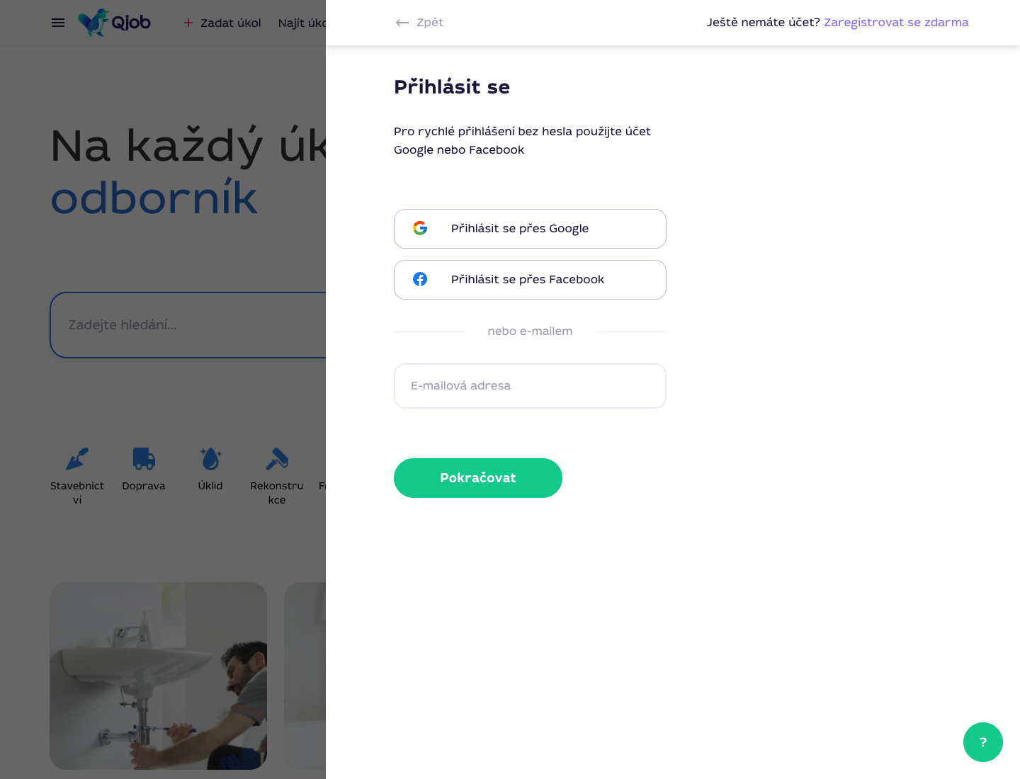 Přihlašovací panel Qjob.cz s možnostmi Google, Facebook a e-mail