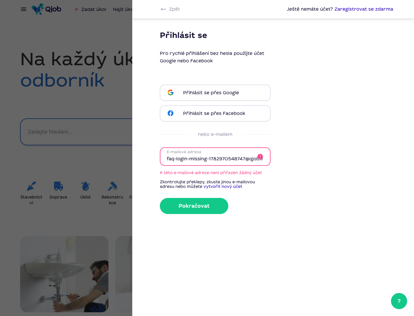 Chyba přihlášení Qjob.cz: k této e-mailové adrese není přiřazen žádný účet