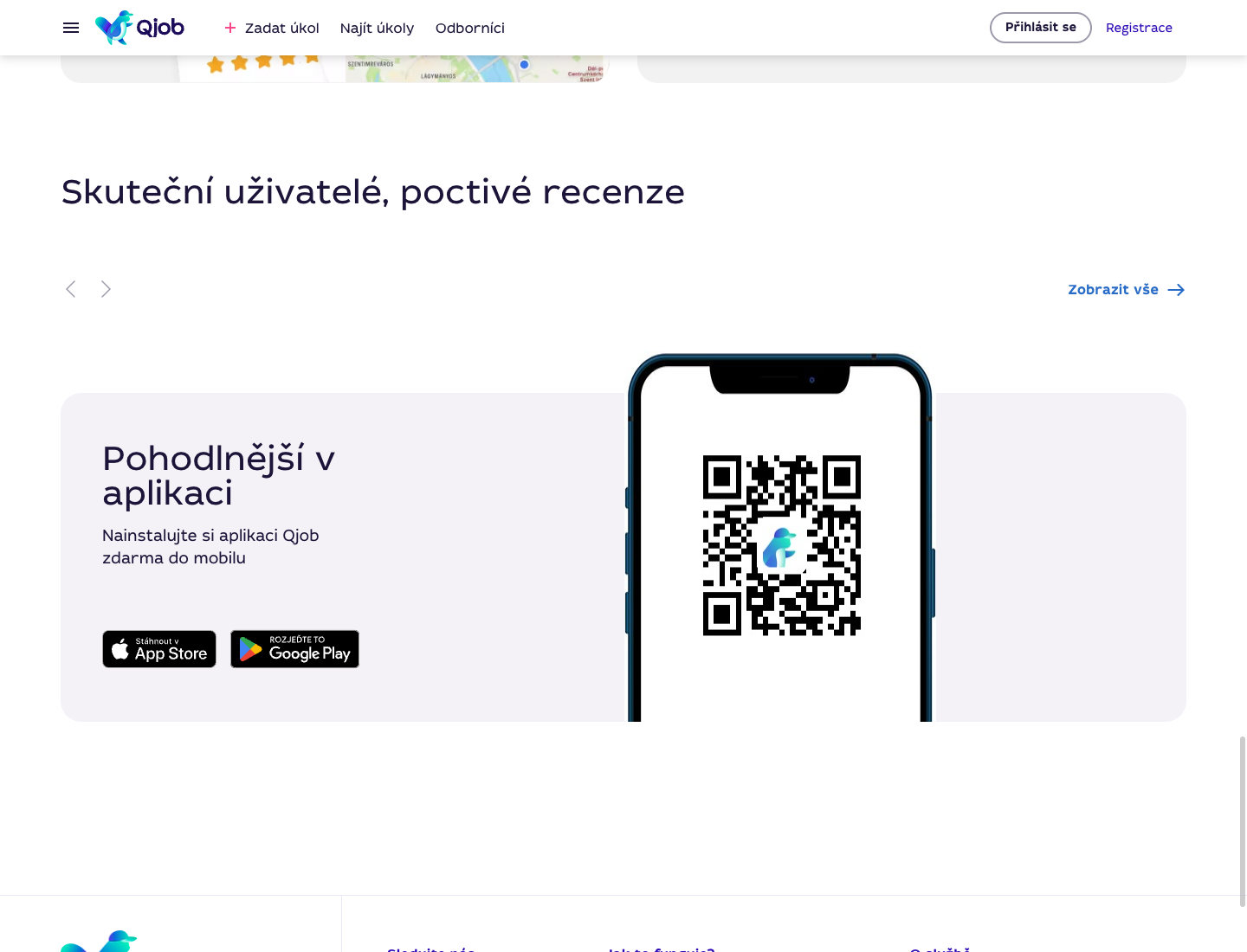 Blok mobilní aplikace na hlavní stránce Qjob.cz s ikonami App Store, Google Play a QR kódem