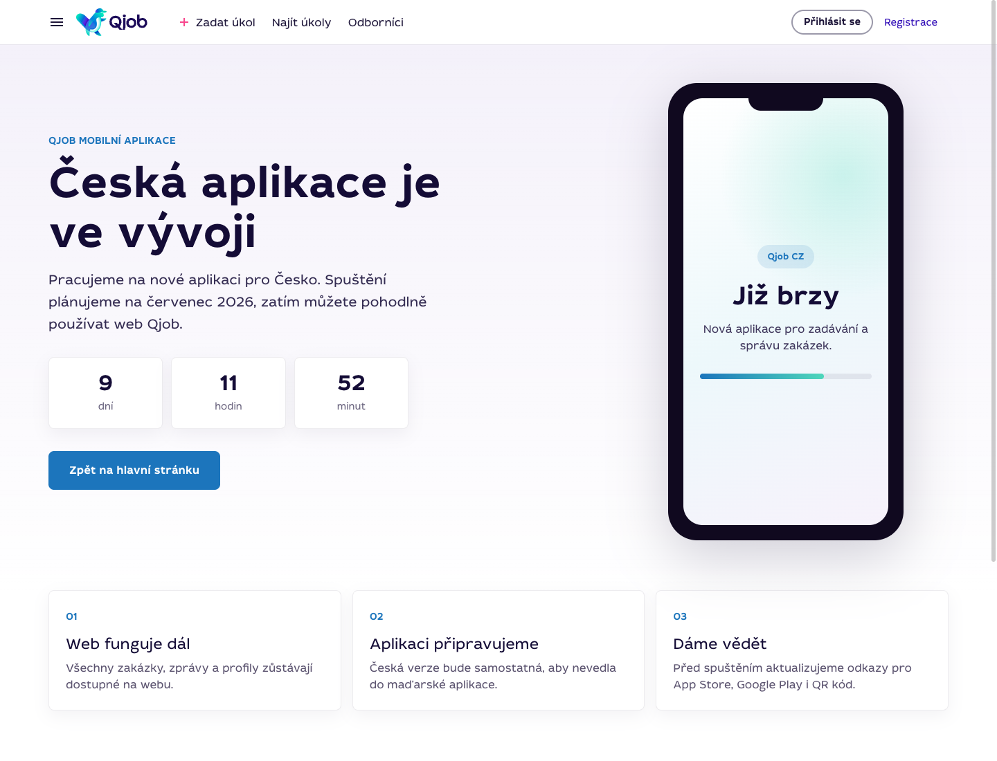 Stránka Qjob mobilní aplikace s informací Česká aplikace je ve vývoji