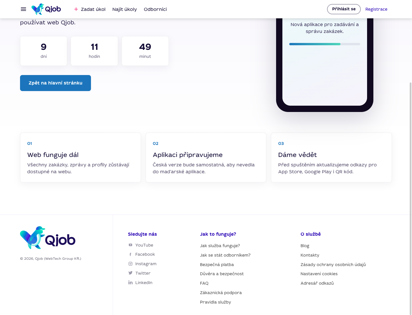 Informační bloky na stránce aplikace Qjob.cz: Web funguje dál, Aplikaci připravujeme, Dáme vědět