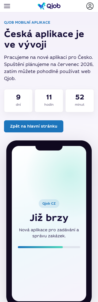 Mobilní zobrazení stránky Qjob mobilní aplikace s informací o vývoji české aplikace