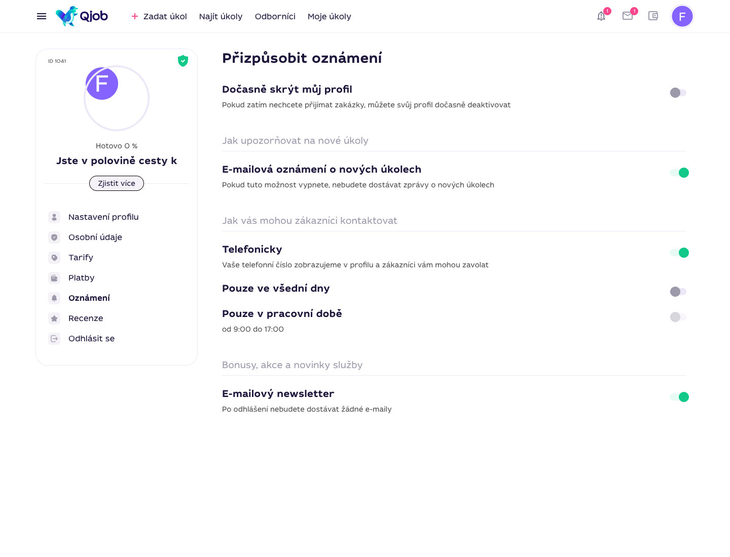 Profil Qjob.cz s otevřenou stránkou Přizpůsobit oznámení