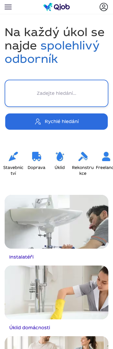 Mobilní hlavní stránka Qjob.cz v prohlížeči jako náhradní cesta pro kontrolu účtu