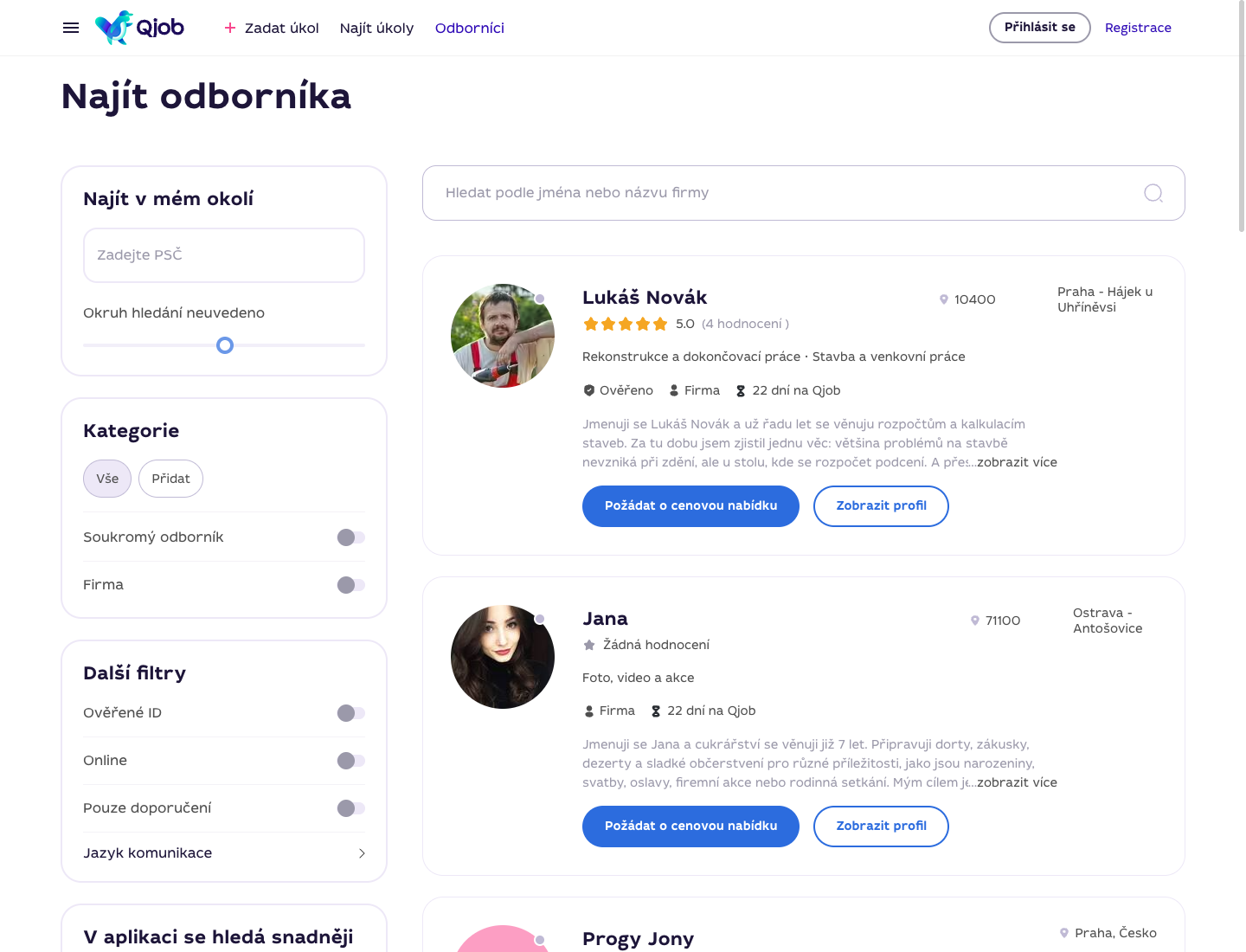 Seznam odborníků na Qjob.cz s hodnocením, ověřením, popisem profilu a tlačítkem zobrazit profil